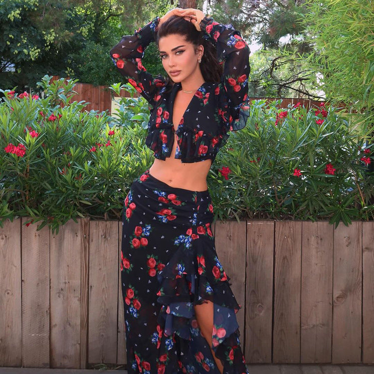 Ruffled Slit Skirt & Top Set