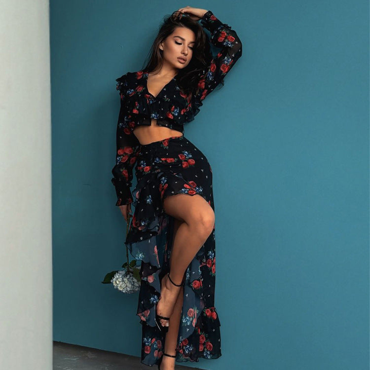 Ruffled Slit Skirt & Top Set